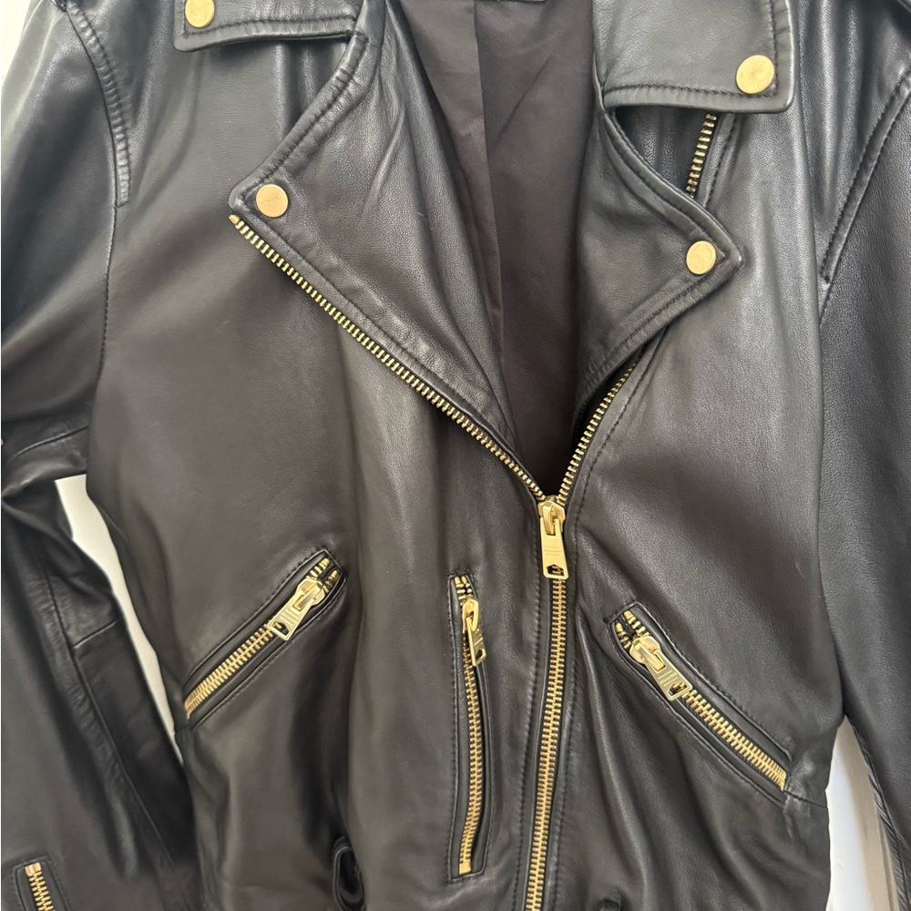 All Saints Black Leather Biker Jacket with Gold Accents - Picture 3 of 8